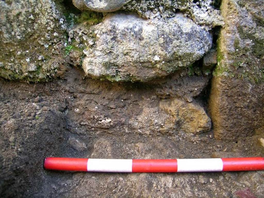 VI.25, Herculaneum. May 2004. Detail of an investigation beneath the floor of the shop-room.
Detail, looking west on the west side below the north end of the threshold. Photo courtesy of Nicolas Monteix.
